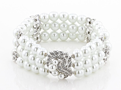 Freshwater Pearl Simulant And Cubic Zirconia Rhodium Over Brass Stretch Bracelet 1.64ctw