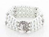 Freshwater Pearl Simulant And Cubic Zirconia Rhodium Over Brass Stretch Bracelet 1.64ctw