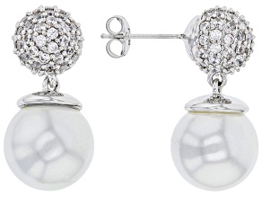Freshwater Pearl Simulant Cubic Zirconia Rhodium Over Brass Earrings 2.84ctw