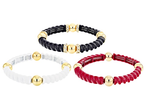 White Crystal Red, White, And Blue Epoxy Gold Tone Stretch Bracelet Set Of Three