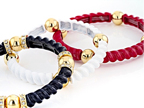 White Crystal Red, White, And Blue Epoxy Gold Tone Stretch Bracelet Set Of Three