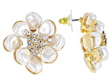 Pearl Simulant And White Crystal Gold Tone Starburst Earrings