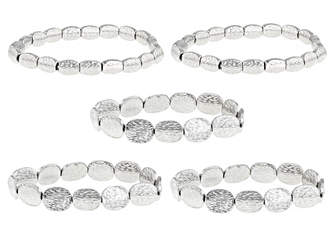 Silver Tone Hammered Stretch Bracelet Set Of Five