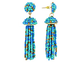 Blue, Green, and Gold Beaded Dangle Tassel Gold Tone Earrings