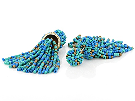 Blue, Green, and Gold Beaded Dangle Tassel Gold Tone Earrings