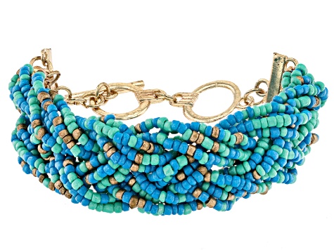 Blue, Green, and Gold Beaded Gold Tone Bracelet