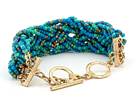 Blue, Green, and Gold Beaded Gold Tone Bracelet