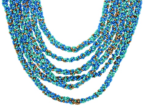 Blue, Green, and Gold Beaded Multi Strand Gold Tone Necklace