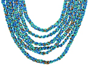 Blue, Green, and Gold Beaded Multi Strand Gold Tone Necklace