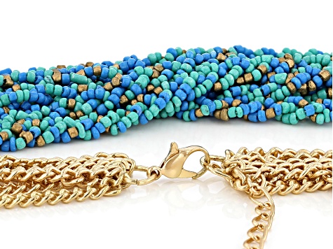 Blue, Green, and Gold Beaded Multi Strand Gold Tone Necklace