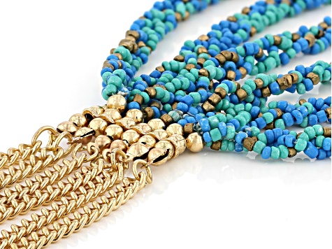 Blue, Green, and Gold Beaded Multi Strand Gold Tone Necklace