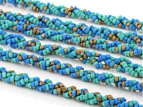 Blue, Green, and Gold Beaded Multi Strand Gold Tone Necklace