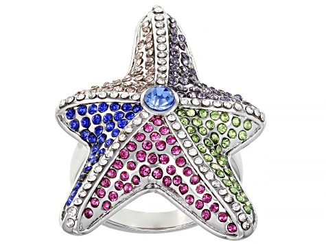 Silver Tone Multi Color Crystal Starfish Ring