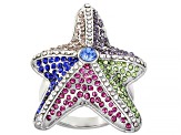 Silver Tone Multi Color Crystal Starfish Ring