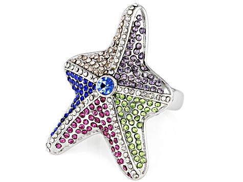Silver Tone Multi Color Crystal Starfish Ring
