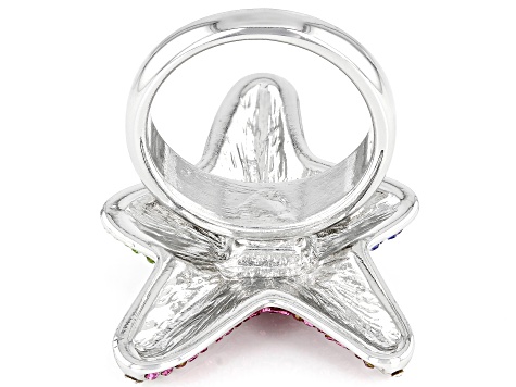 Silver Tone Multi Color Crystal Starfish Ring