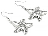 Silver Tone White Crystal Starfish Dangle Earrings