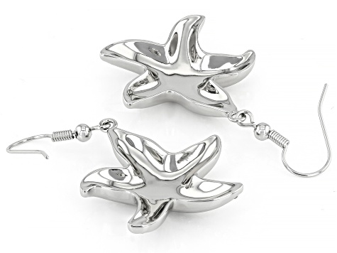 Silver Tone White Crystal Starfish Dangle Earrings