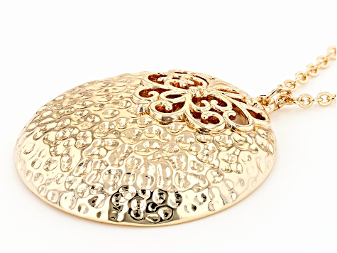 18k Yellow Gold Over Brass Textured Round Pendant with Chain