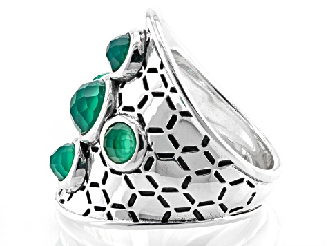 Green Onyx Rhodium Over Silver Honeycomb Ring