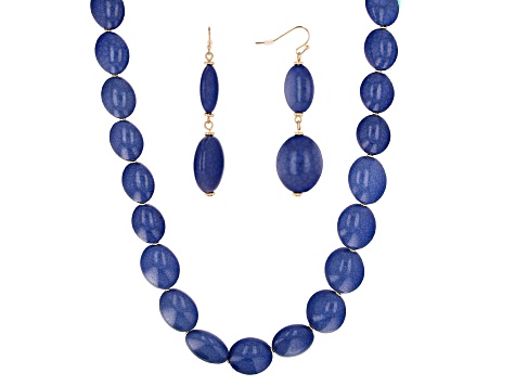 Blue Bead Gold Tone Necklace and Earring Set