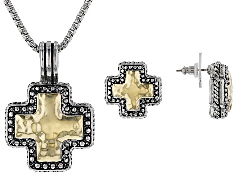Two-Tone Hammered Cross Pendant and Earring Set