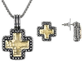 Two-Tone Hammered Cross Pendant and Earring Set