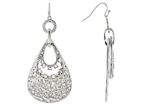 White Crystal Silver Tone Hammered Design Layered Dangle Earring