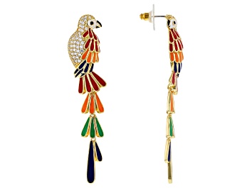 Picture of Multi Color Enamel and White Cubic Zirconia Gold Tone Parrot Earrings 3.84ctw