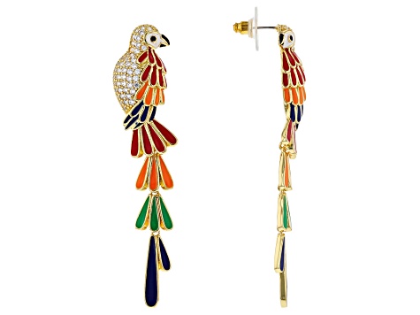 Multi Color Enamel and White Cubic Zirconia Gold Tone Parrot Earrings 3.84ctw