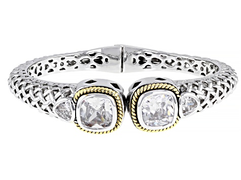 White Crystal Silver Tone Hinged Cuff Bracelet