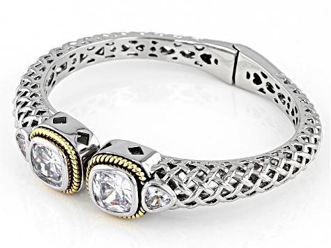 White Crystal Silver Tone Hinged Cuff Bracelet