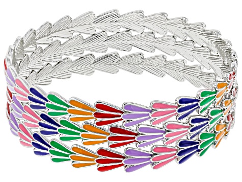 Multi Color Enamel Silver Tone Set of 3 Bangles