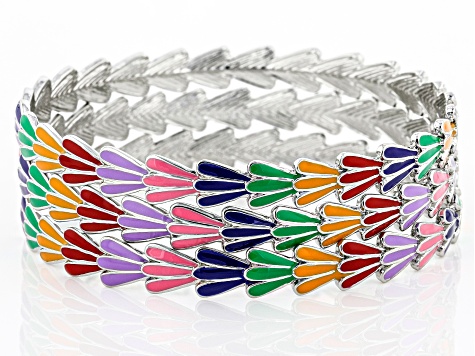 Multi Color Enamel Silver Tone Set of 3 Bangles