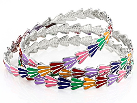 Multi Color Enamel Silver Tone Set of 3 Bangles