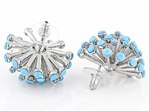 Turquoise Color Crystal Silver Tone Starburst Stud Earrings