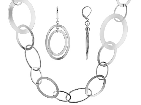 Silver Tone Large Chain Link Necklace and Earring Set