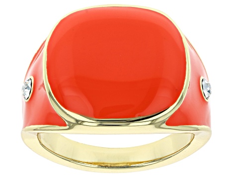Coral Color Enamel with White Crystal Accents Gold Tone Ring