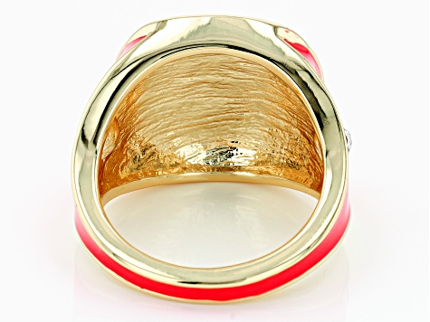 Coral Color Enamel with White Crystal Accents Gold Tone Ring
