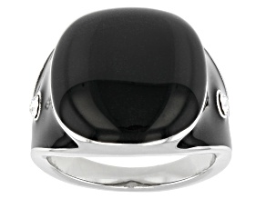 Black Enamel with Crystal Accents Silver Tone Ring