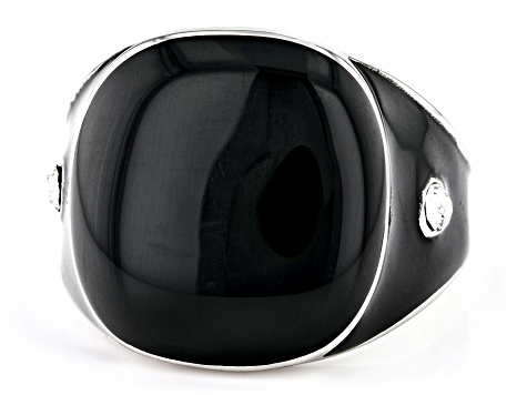 Black Enamel with Crystal Accents Silver Tone Ring