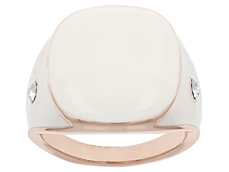Cream Color Enamel with White Crystal Accents Rose Tone Ring
