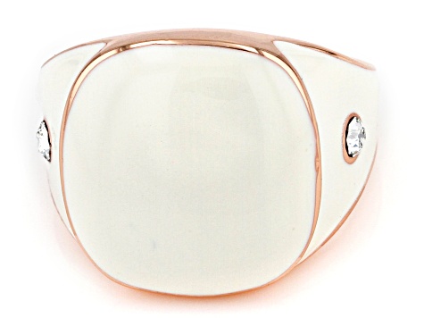 Cream Color Enamel with White Crystal Accents Rose Tone Ring