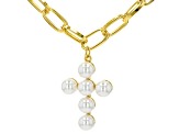 White Pearl Simulant Paperclip Chain Cross Necklace