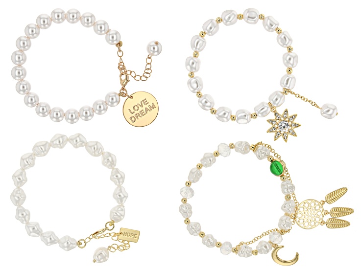 White Pearl Simulant & Crystal Gold Tone Set of 4 Charm