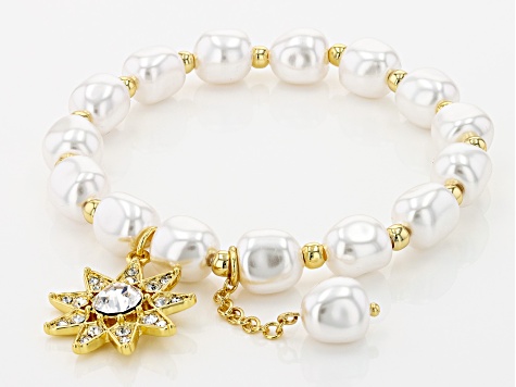White Pearl Simulant & Crystal Gold Tone Set of 4 Charm Bracelets