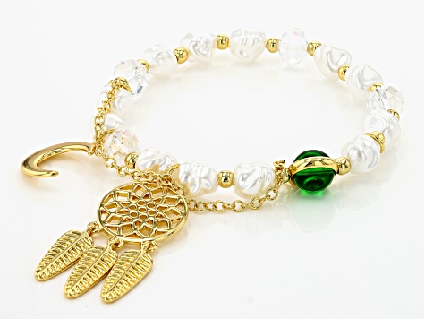 White Pearl Simulant & Crystal Gold Tone Set of 4 Charm Bracelets