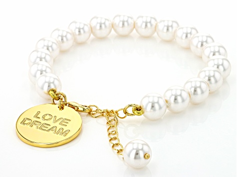 White Pearl Simulant & Crystal Gold Tone Set of 4 Charm Bracelets