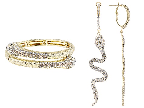 White Crystal Gold Tone Snake Bracelet and Earring Set