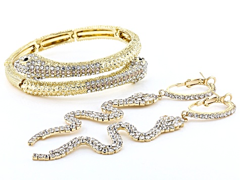 White Crystal Gold Tone Snake Bracelet and Earring Set